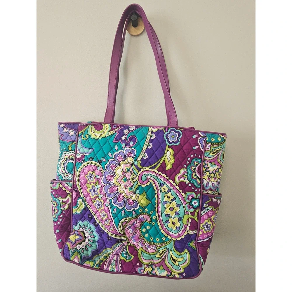 Vera Bradley Plum Crazy Paisley Quilted Cotton Tote Bag Purple Teal Floral Large